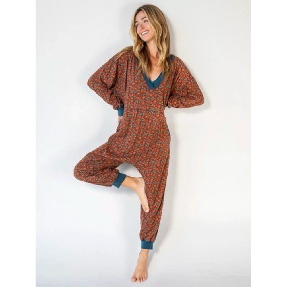 Natural Life Johnnie Cotton Lounge Jumpsuit Floral Boho Sz M Slouchy Harem